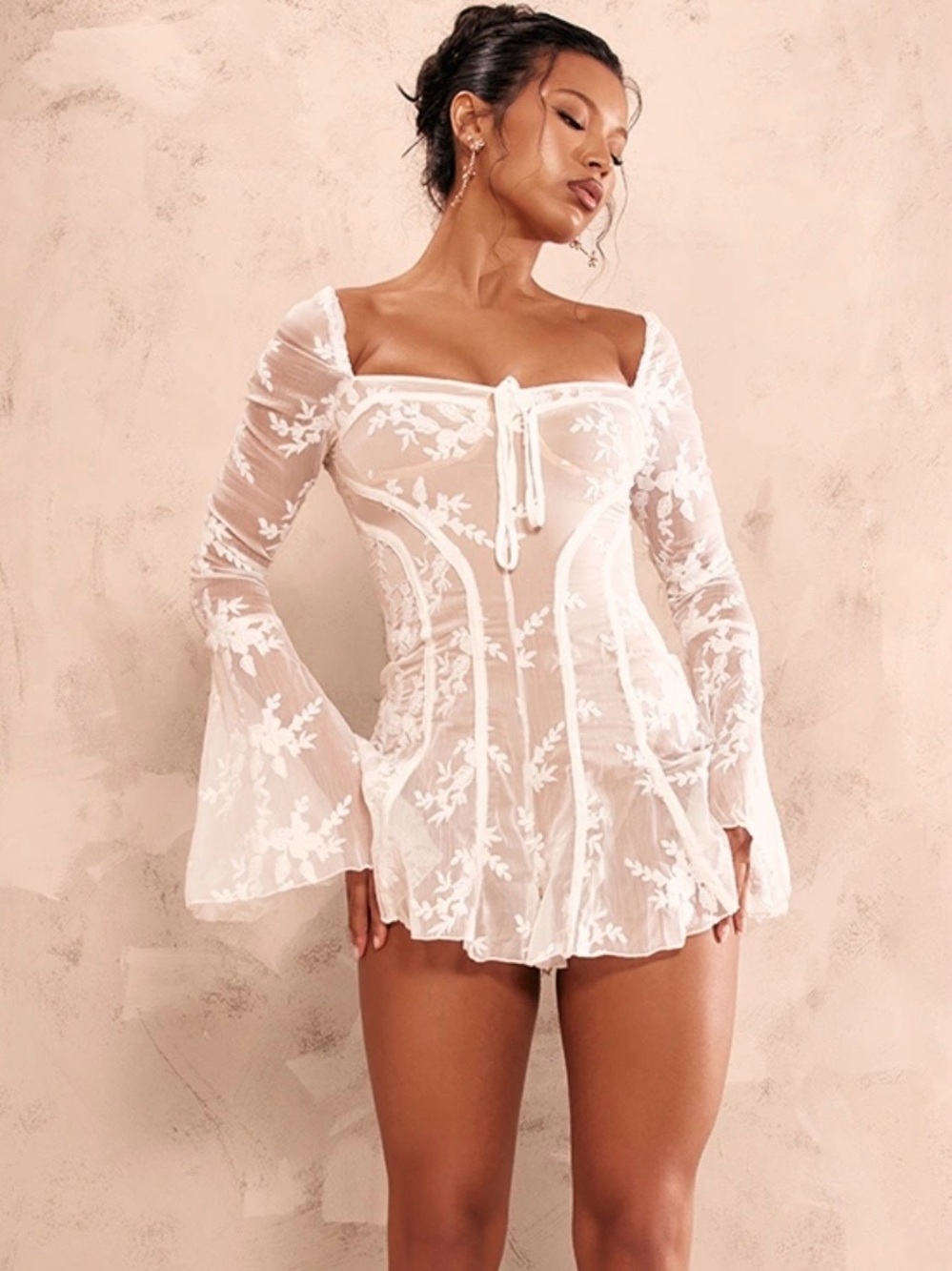 NWT Pretty Little Thing Women's White Sheer Floral Lace Playsuit